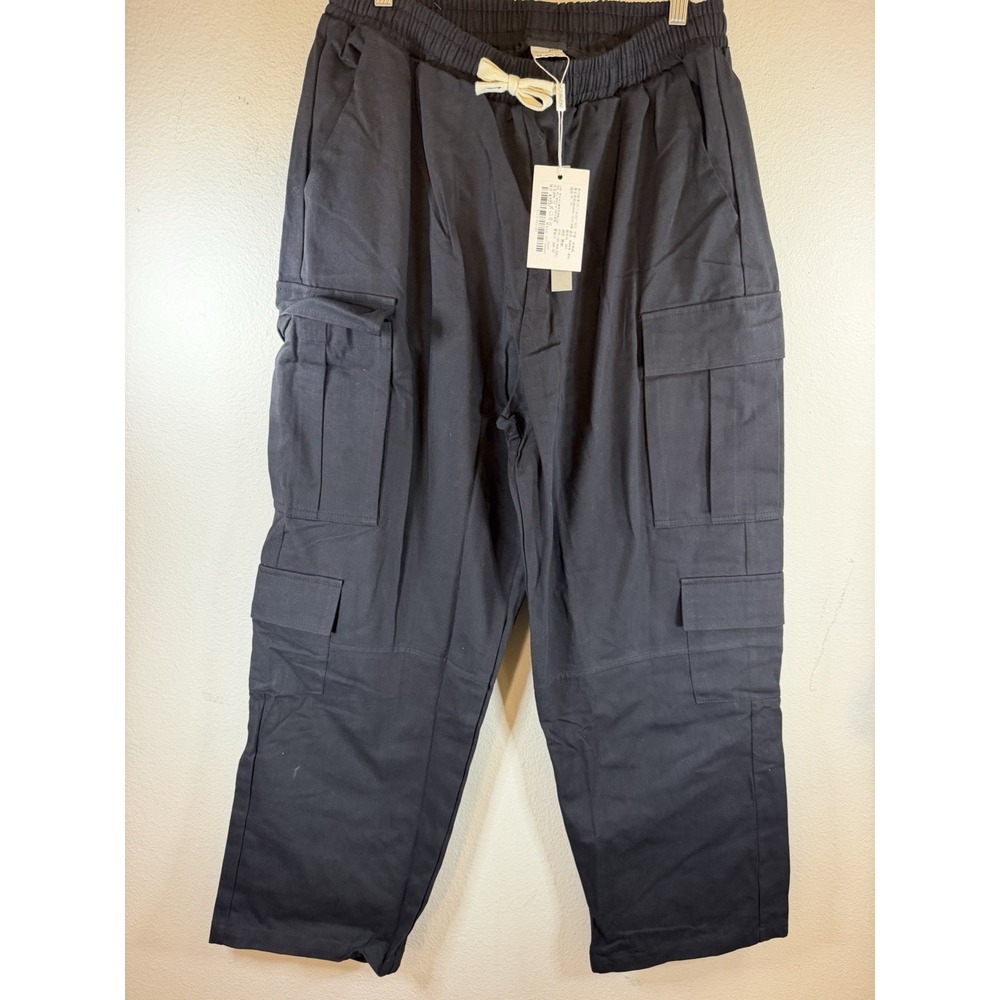NWT Men's Black Cargo Pants 2XL Cotton Twill Relaxed Straight Pleated Drawstring